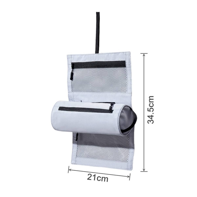 A grey multifunctional toiletry travel bag featuring multiple zippered compartments and mesh pockets for organisation.