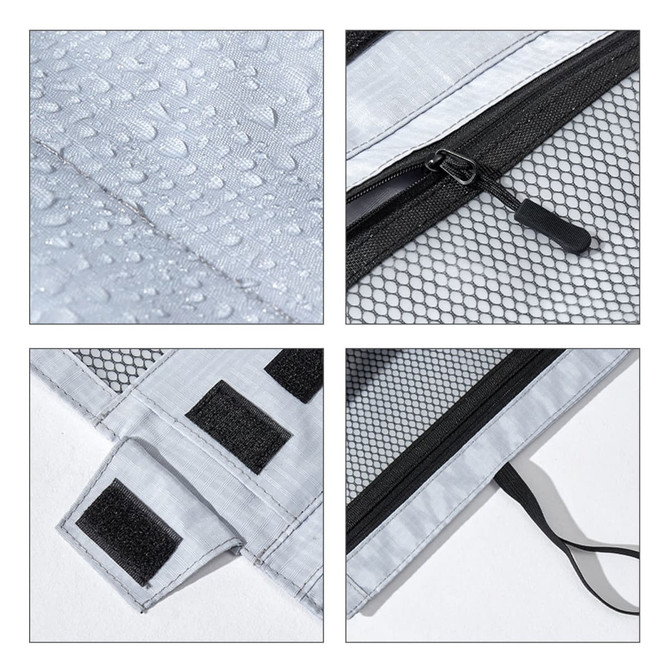 A multifunctional toiletry travel bag in grey, featuring a waterproof texture and mesh compartments with zippers.