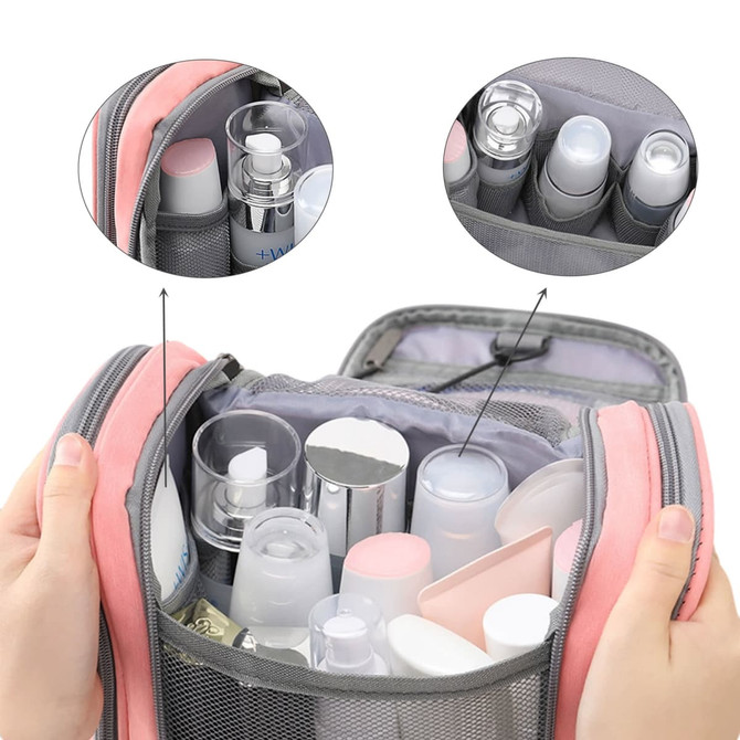 A pink travel storage bag containing various personal care items, neatly organised with mesh compartments and clear bottles.