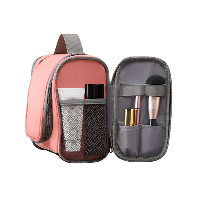 A pink travel storage bag with grey accents, featuring compartments for makeup and toiletries. It has a zip closure and a handle.