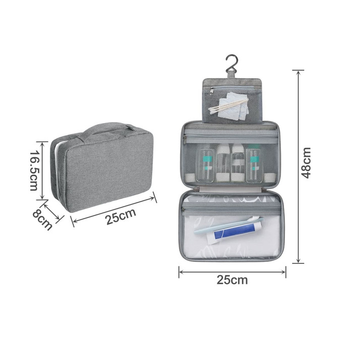 A grey portable hanging travel toiletry bag with multiple compartments and a hook for easy storage.