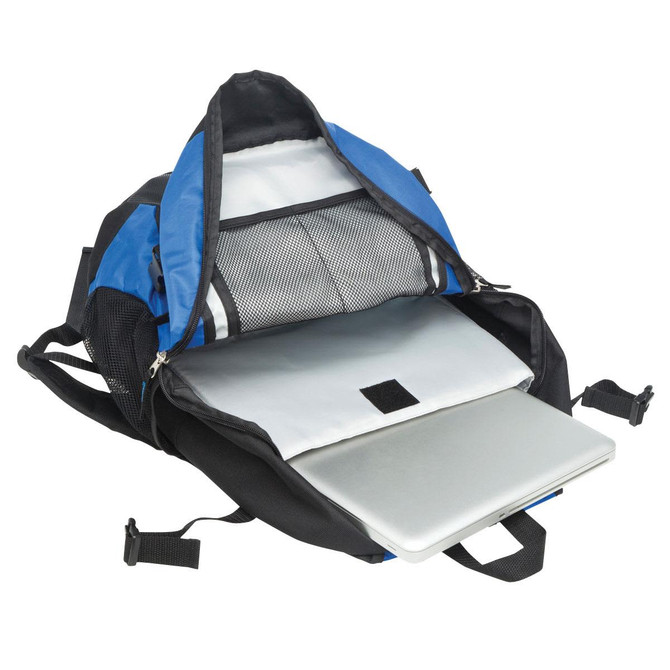 A laptop backpack in blue and black, featuring multiple compartments and a padded section for a laptop.