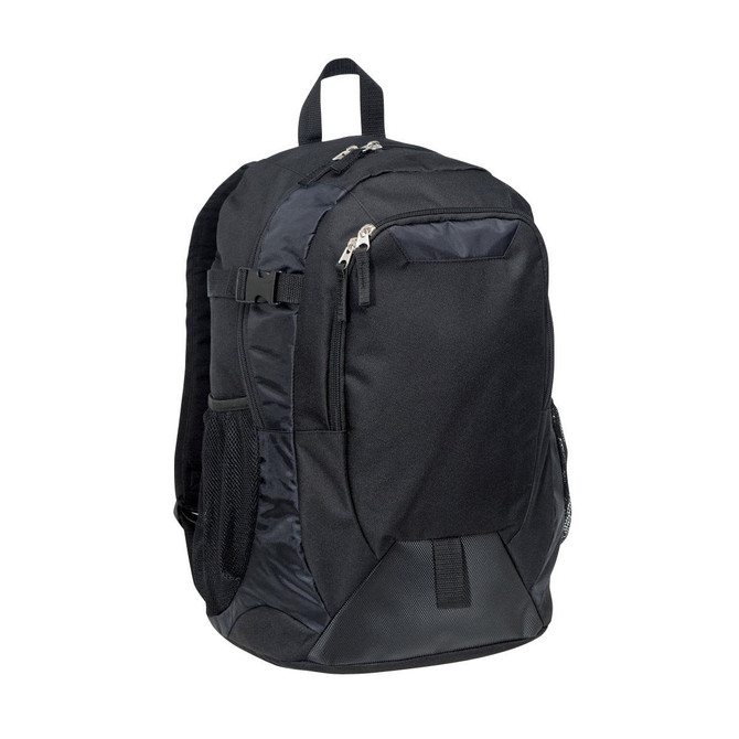 A black laptop backpack featuring multiple compartments, zippers, and side mesh pockets. It has a branding logo.