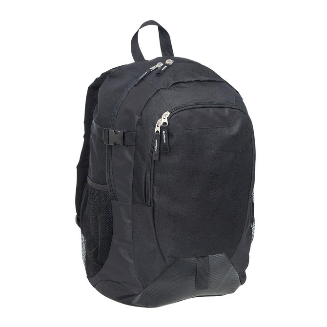 A black laptop backpack with zippered compartments and mesh side pockets. Features a logo and adjustable straps.