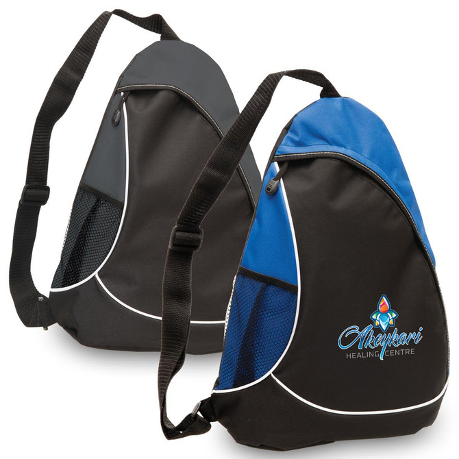 A black and blue Metro Sling bag featuring a logo, with a mesh side pocket and adjustable strap.