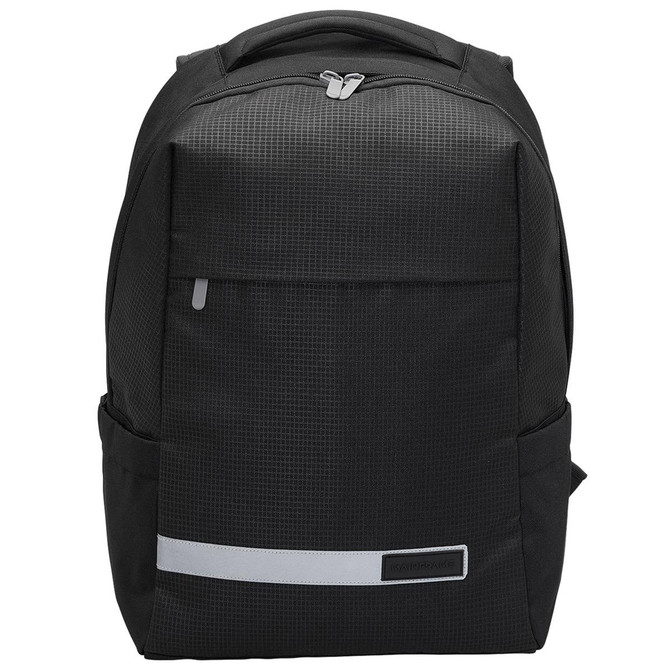 A black laptop backpack with a textured finish, front pocket, and a reflective stripe. Features a branding logo.
