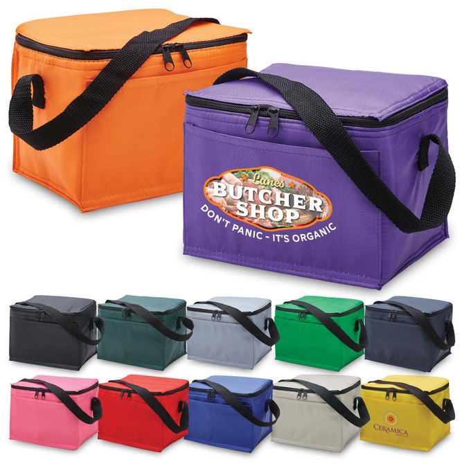 A selection of cooler bags in various colours, featuring a logo on one bag. The bags have black straps and zip closures.