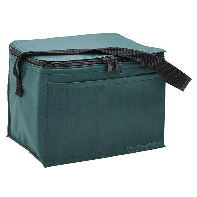 A cooler bag in dark green with a zip closure and a carrying strap. It features a plain design and a front pocket.