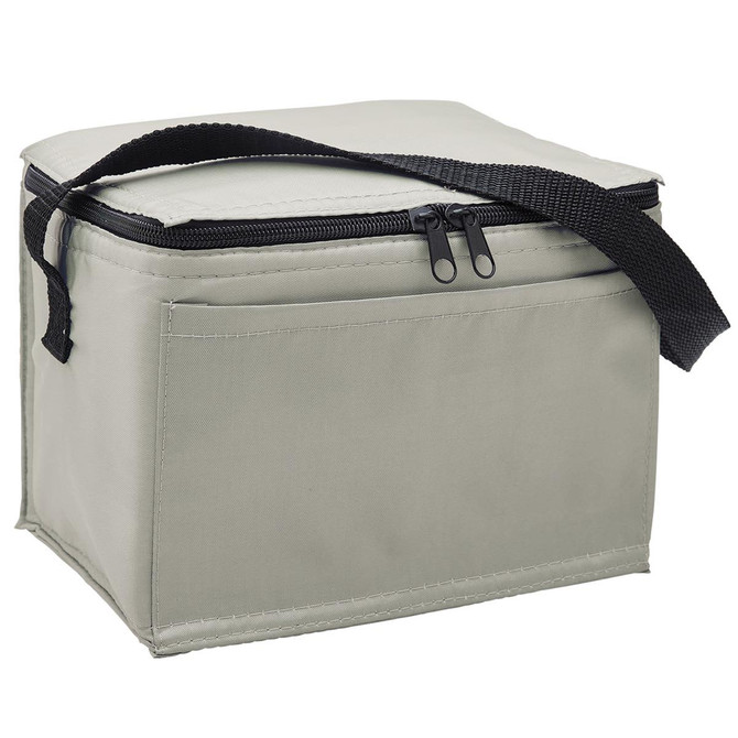A cooler bag in a light grey colour with a zippered closure and a black strap for easy carrying.