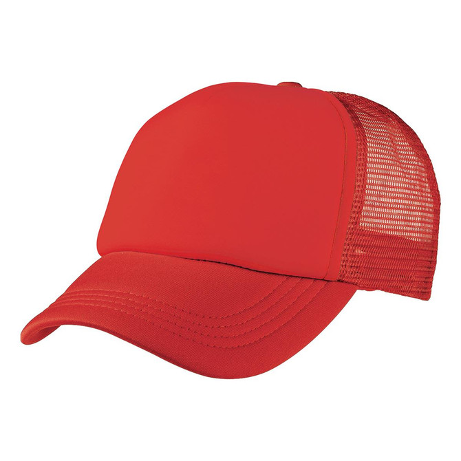 A red foam mesh trucker cap featuring a solid front and mesh back, complete with a logo.