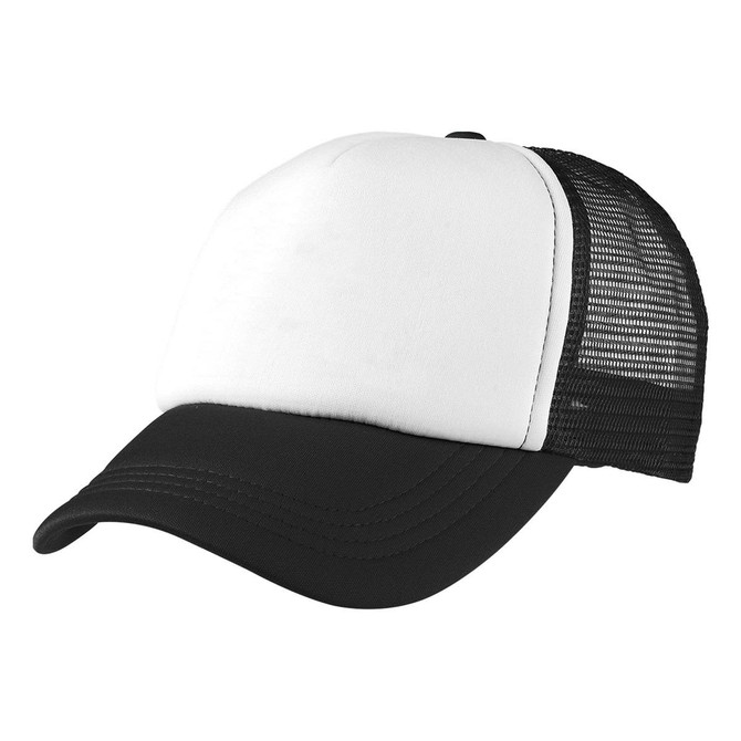 A black and white Foam Mesh Trucker cap with a solid front panel and mesh back, featuring a logo.