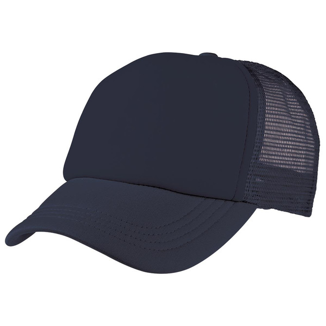 A navy blue Foam Mesh Trucker cap with a solid front and mesh sides, featuring a logo.