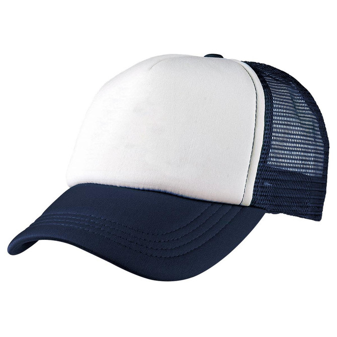 A navy and white foam mesh trucker cap with a branding logo on the front and a breathable mesh back.