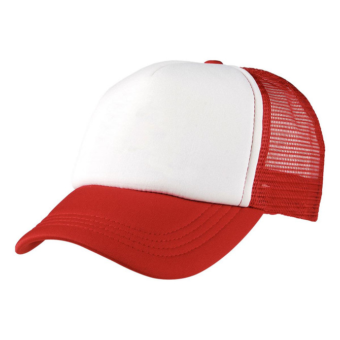 A red and white Foam Mesh Trucker cap with a solid front panel and mesh back, featuring a logo.