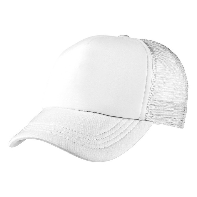 A white foam mesh trucker cap with a solid front panel and a mesh back, featuring an adjustable strap.