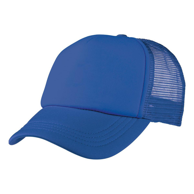 A blue foam mesh trucker cap featuring a solid front panel and a breathable mesh back, with a logo on the front.