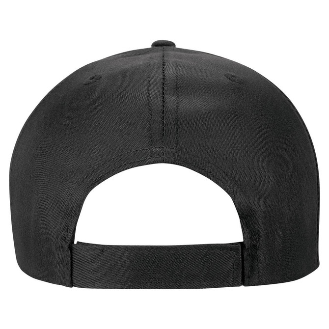 A black polycotton cap featuring a rear adjustable strap and branding on the side.