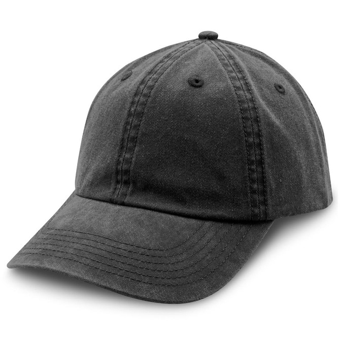 A washed black chino cap with a rounded crown and a curved brim, featuring a logo on the front.