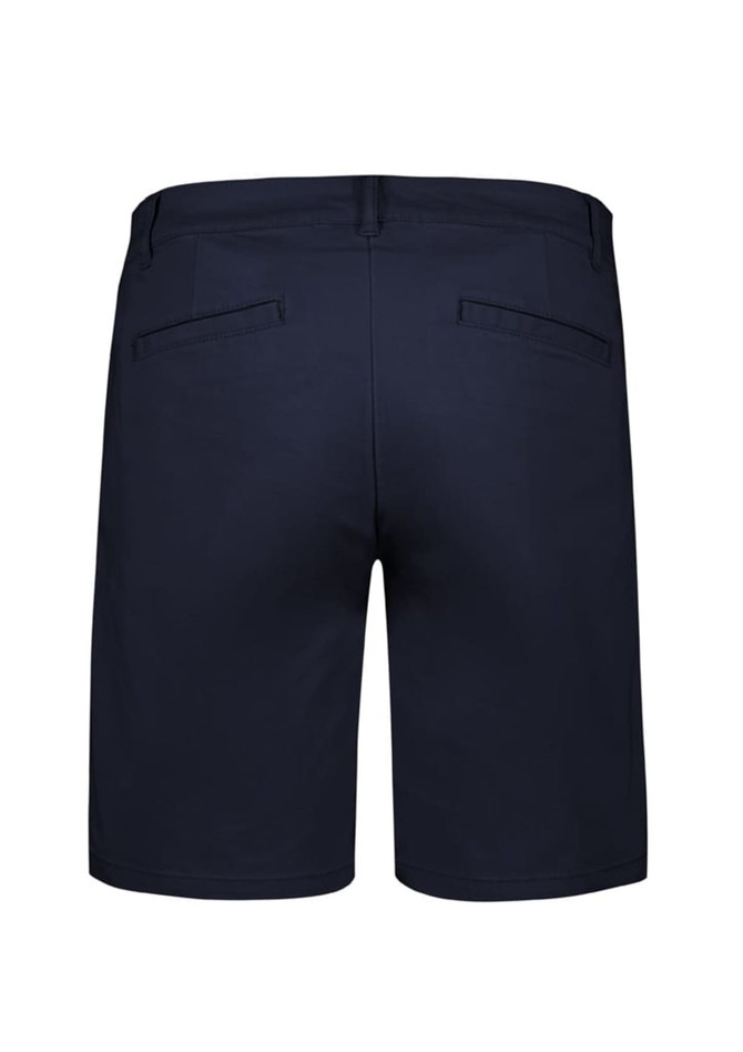 A pair of navy women's chino shorts featuring two back pockets and a standard waistband.