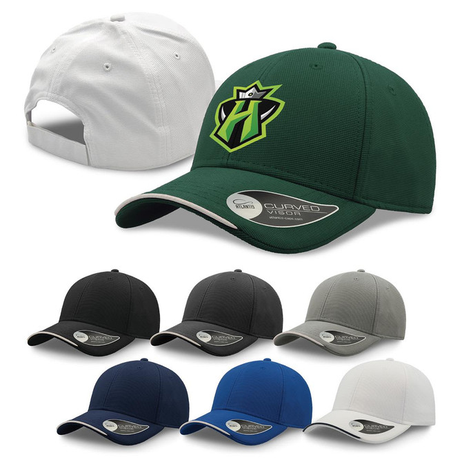 A collection of caps in green, black, grey, blue, and white, featuring a logo on the front.