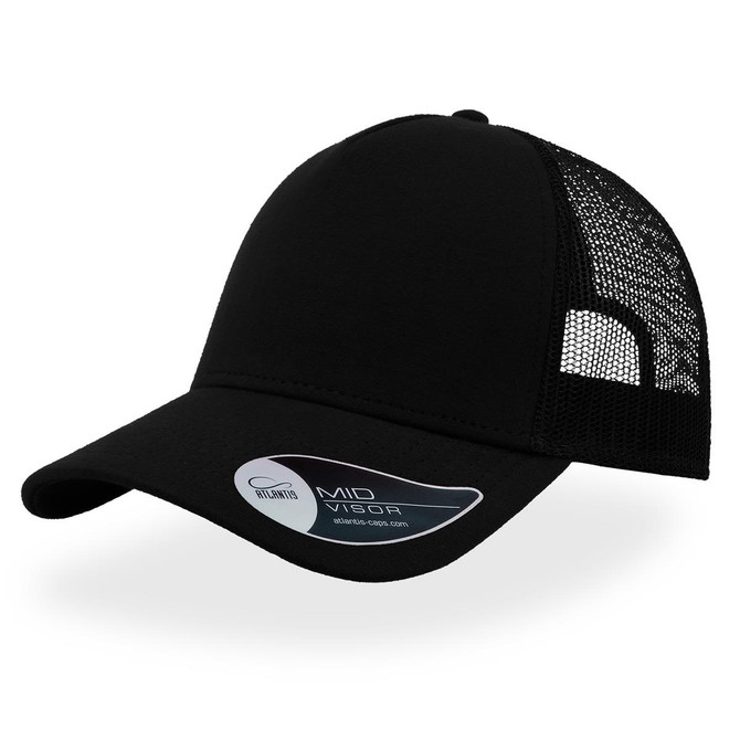 A black trucker cap featuring a solid front and a mesh back, with a curved visor and a logo on the side.