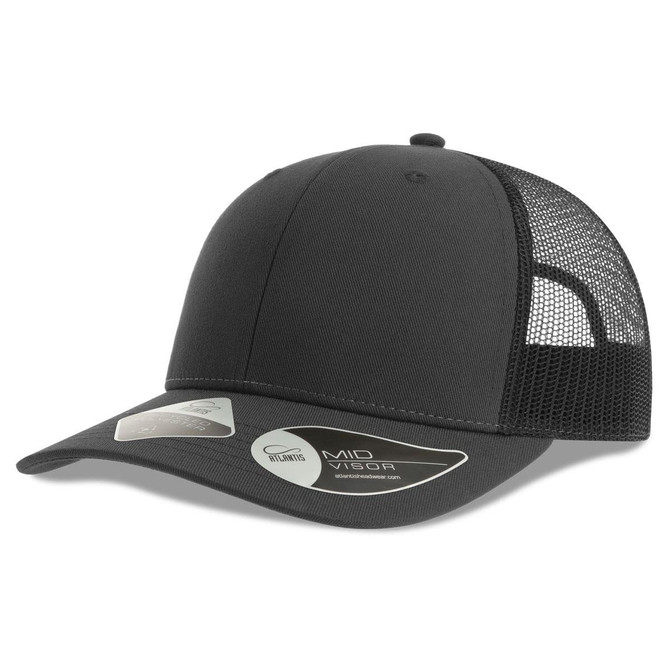 A black trucker cap featuring a solid front and mesh back, with a curved visor and logo branding.