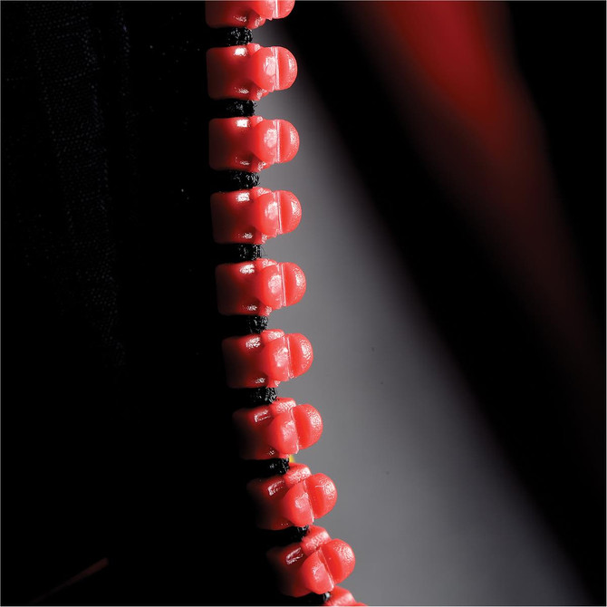 A close-up of a red zipper with toggles on a dark fabric background, featuring a visible logo on the garment.