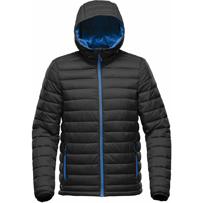 A black thermal jacket with a blue interior and a hood, featuring a zippered front and side pockets.
