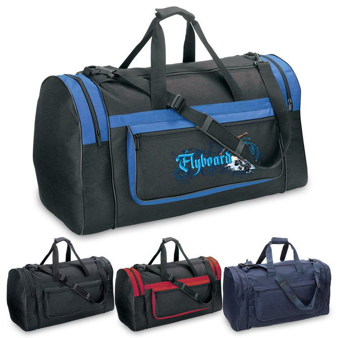 A black duffle bag with blue accents and a logo, featuring a detachable shoulder strap and additional colour options.
