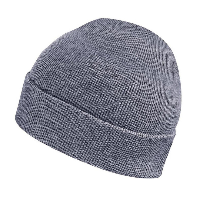 A grey knit beanie with a snug fit and a small logo. Perfect for colder weather accessories.