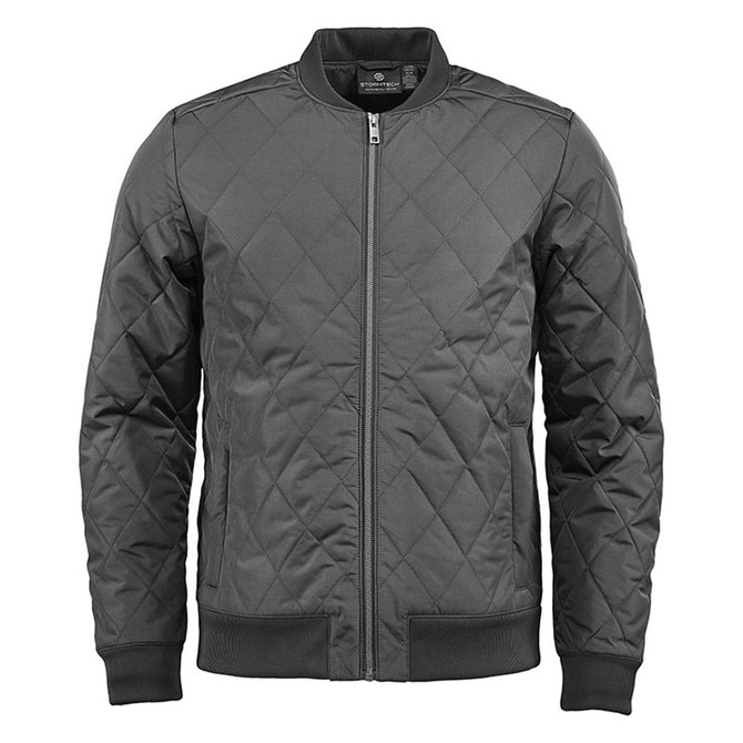 A men's thermal jacket in dark grey with a quilted design and a front zip closure. It has a logo on it.