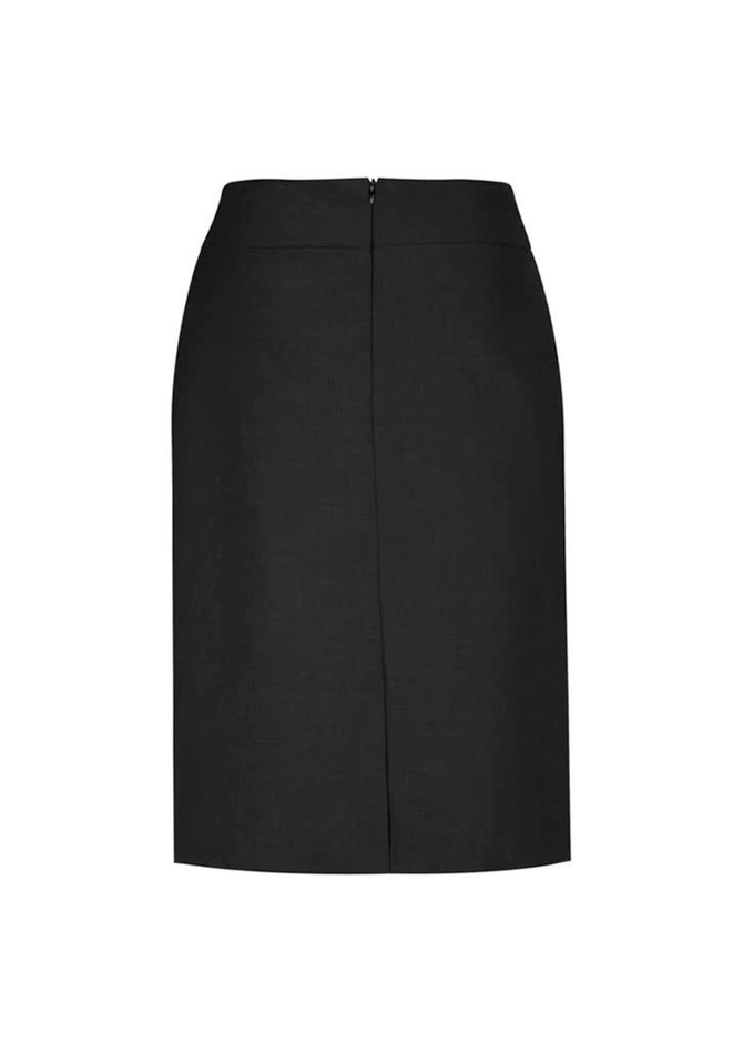 A women's classic knee-length skirt in black with a back zipper. Features a simple and elegant design.