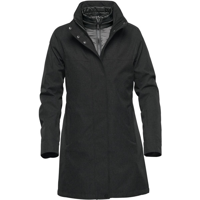 A dark grey women's jacket with a high collar and a sleek design. Features a branding logo.