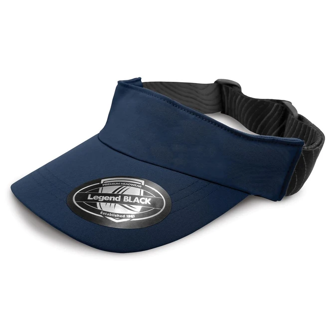 A navy blue sports visor with a wide brim and an adjustable black strap. Features a logo on the front.