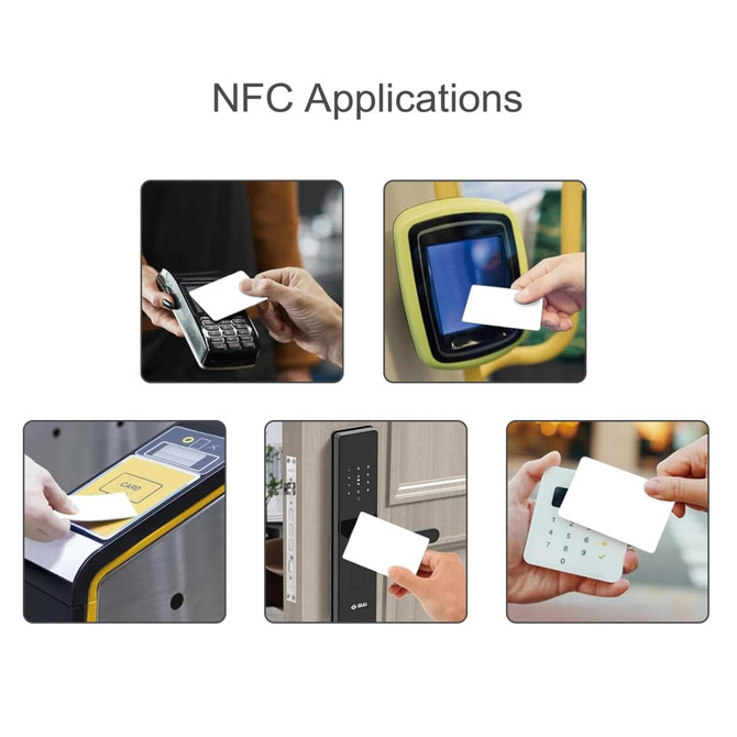 A collection of images displaying NFC applications, featuring hands interacting with various NFC-enabled devices and cards.