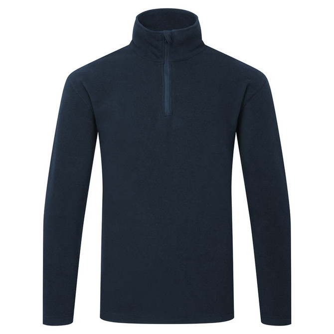 A navy pullover fleece jumper with long sleeves and a zip neck. Features a logo on the front.