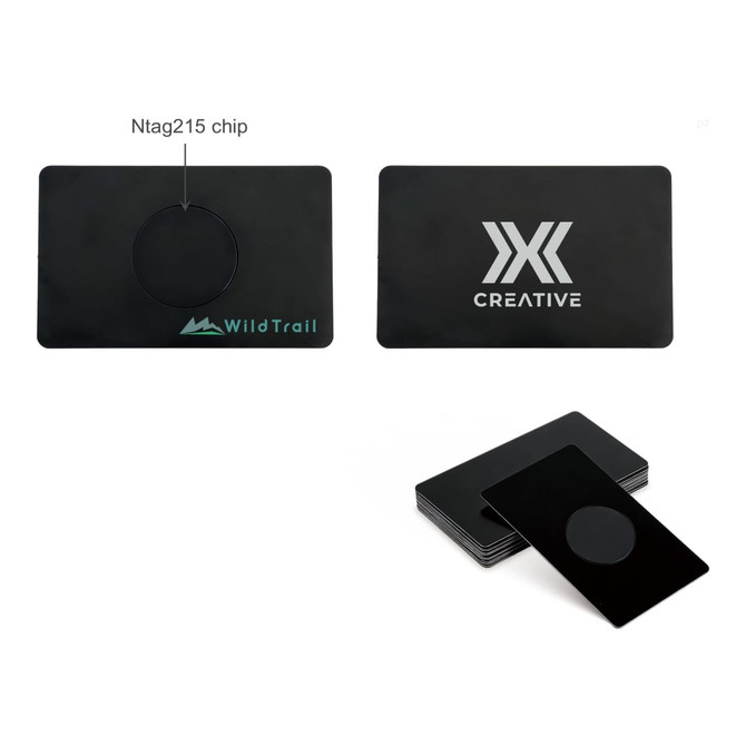 A black metal business card featuring a round chip, with a logo on one side and a plain back.