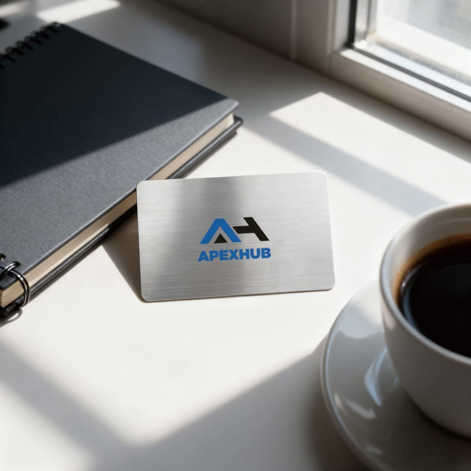 A stainless steel business card with a logo, resting on a table near a notebook and a coffee cup.