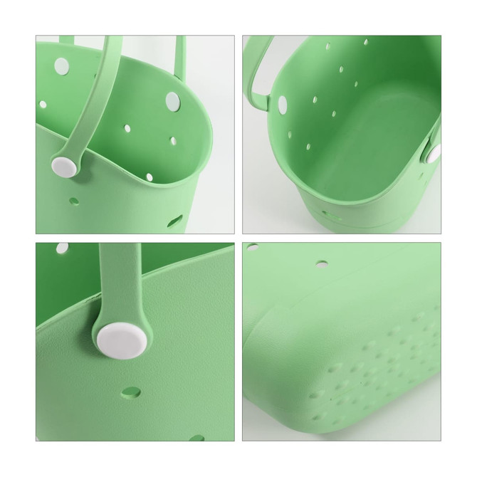 A green EVA holes pet bag with a perforated design and sturdy handles, displayed from multiple angles.