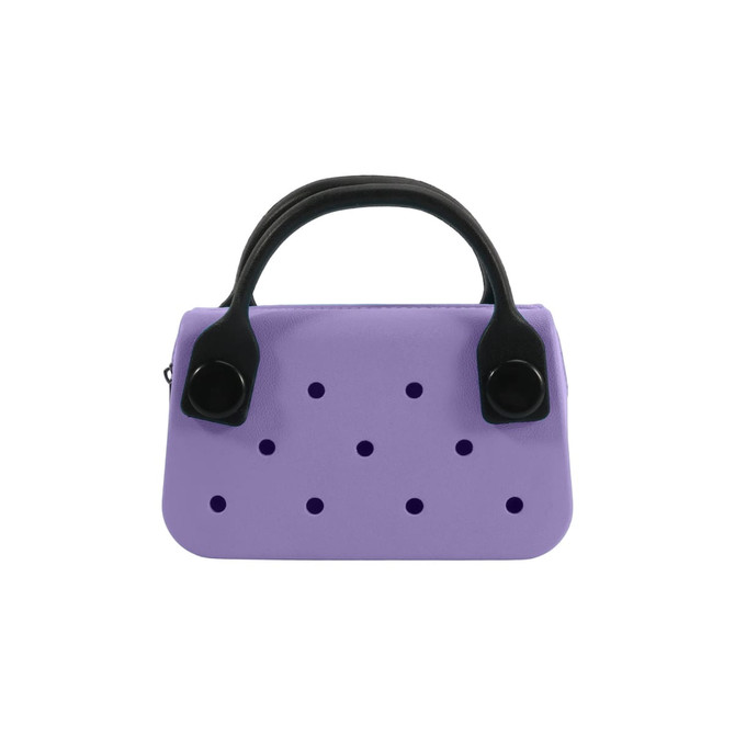 A mini handbag in lavender with black handles and decorative holes. It features a simple, stylish design.