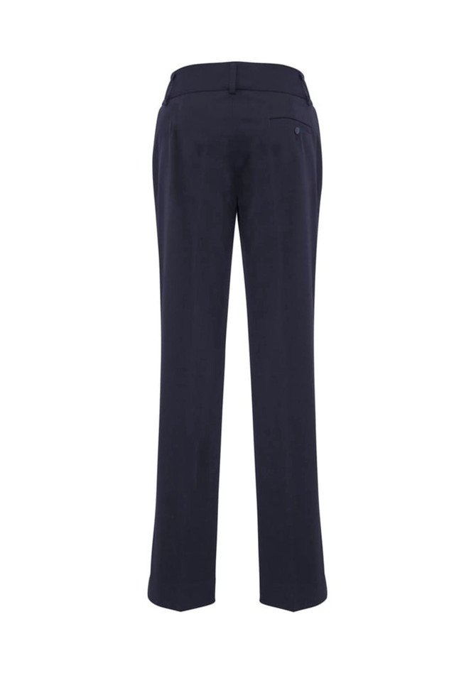 Navy blue women's slacks with a straight-leg cut and a back pocket, featuring a logo.