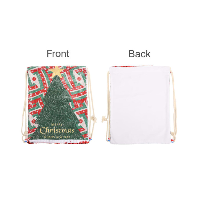 A festive sequin drawstring bag featuring a green Christmas tree design on the front and a plain white back.