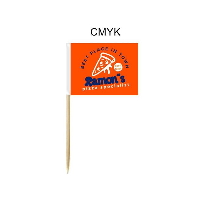 A pack of 100 small orange and white labeling stick flags with branding and a wooden stick.