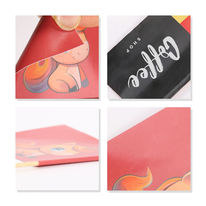 A collection of stickers featuring colourful designs, including a playful pony, with a dark background showcasing branding.