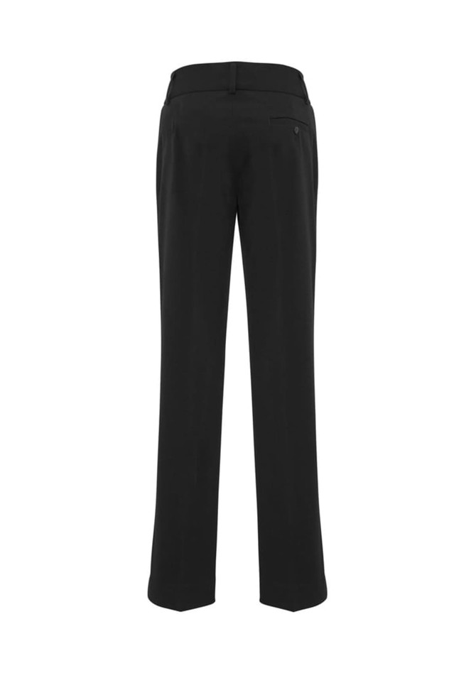 Black women's slacks with a straight-leg design, featuring a back pocket and a waistband. Includes a logo.