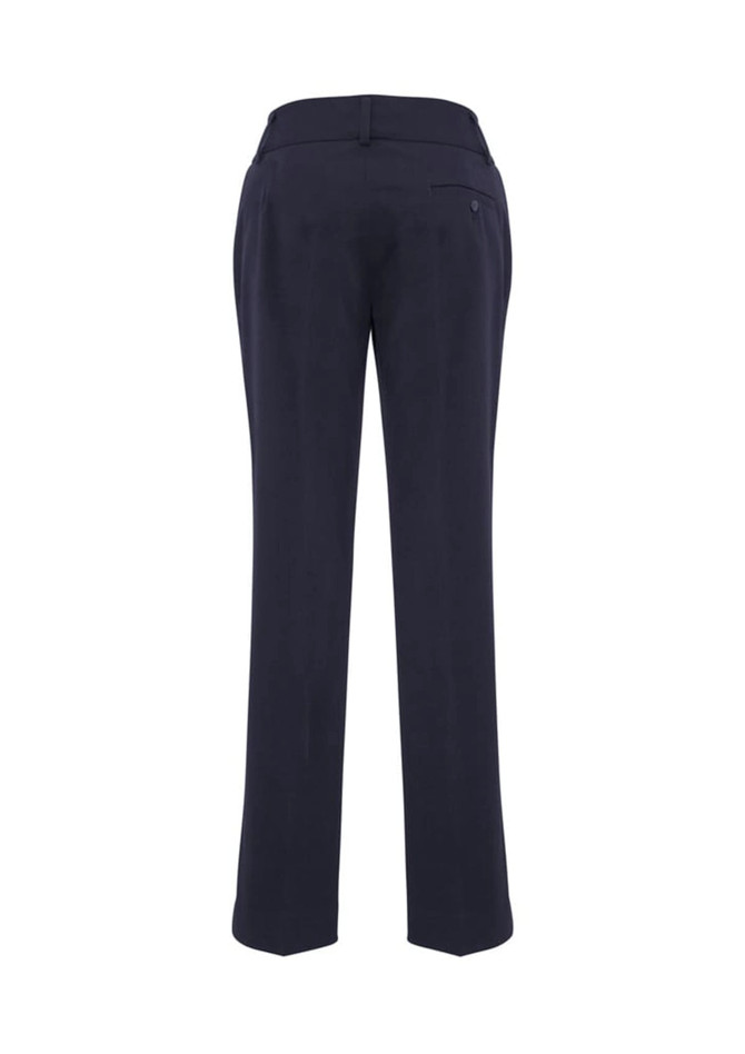 A pair of navy slacks with a straight leg design and a back pocket, featuring a small logo.