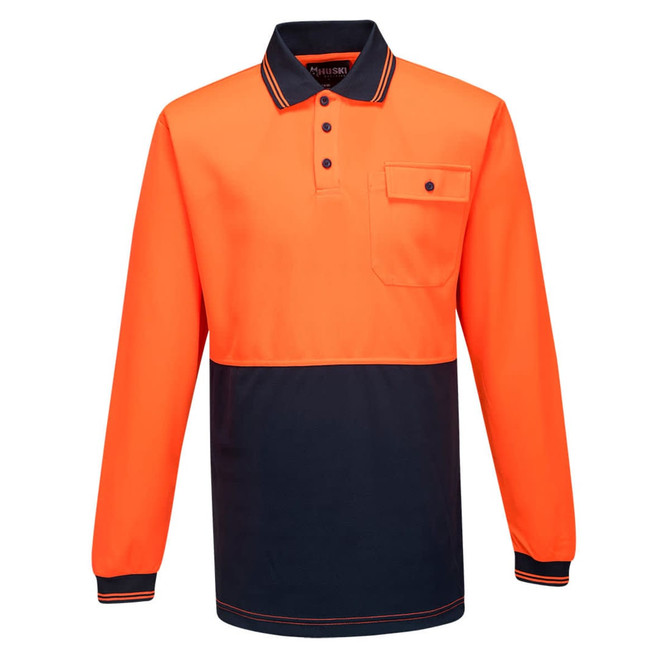 A long sleeve polo shirt in high-visibility orange with a navy blue bottom section and a chest pocket.