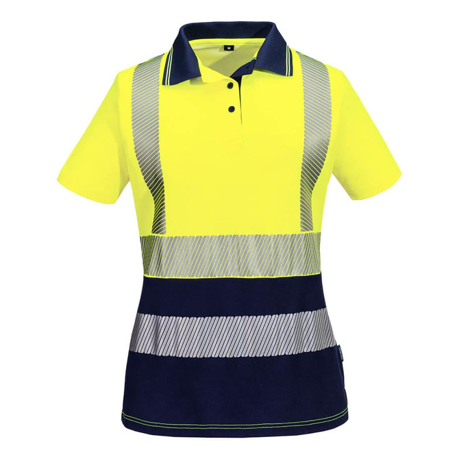 A high-visibility women's short-sleeve polo shirt in bright yellow with navy contrast and reflective stripes.