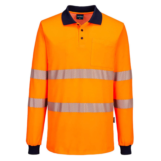 Hi-Vis long-sleeve cotton polo shirt in orange with reflective stripes and a dark blue collar. Includes a chest pocket.