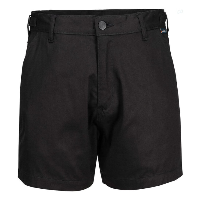 Lightweight cotton drill work shorts in black with a logo on the side.